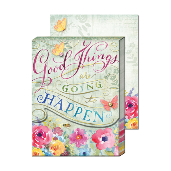 Pocket notepad featuring good things verbiage.