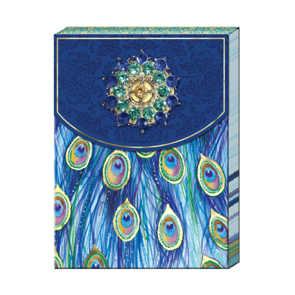 Pocket notepad featuring emerald peacock tail with brooch.