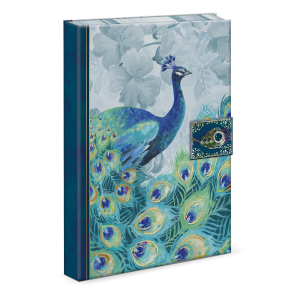 Decorative journal with emerald peacock feather brooch.