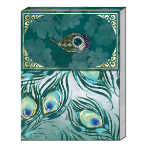 Pocket notepad featuring emerald peacock feather with brooch.