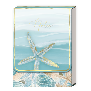 Pocket notepad featuring water's edge starfish.
