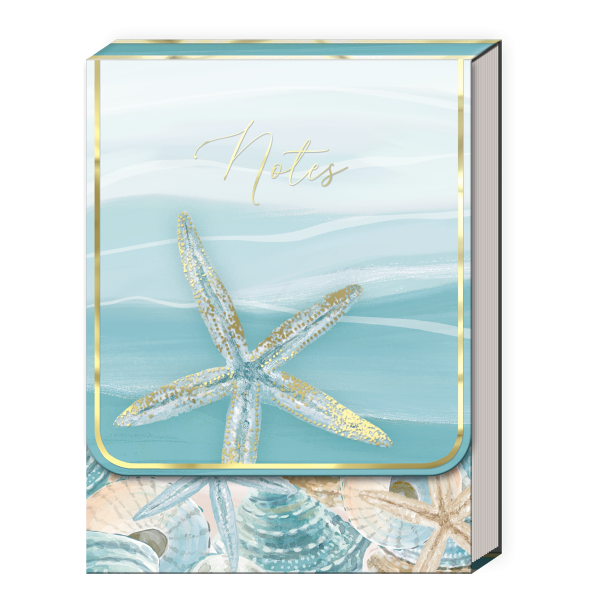 Pocket notepad featuring water's edge starfish.