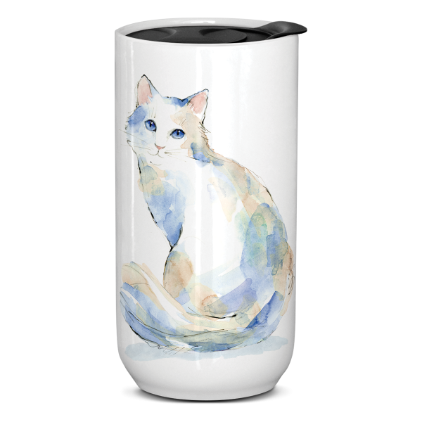 Watercolor Pets, White Cat Travel Mug.