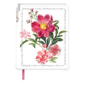 Decorative journal with notable florals peony design and pen.