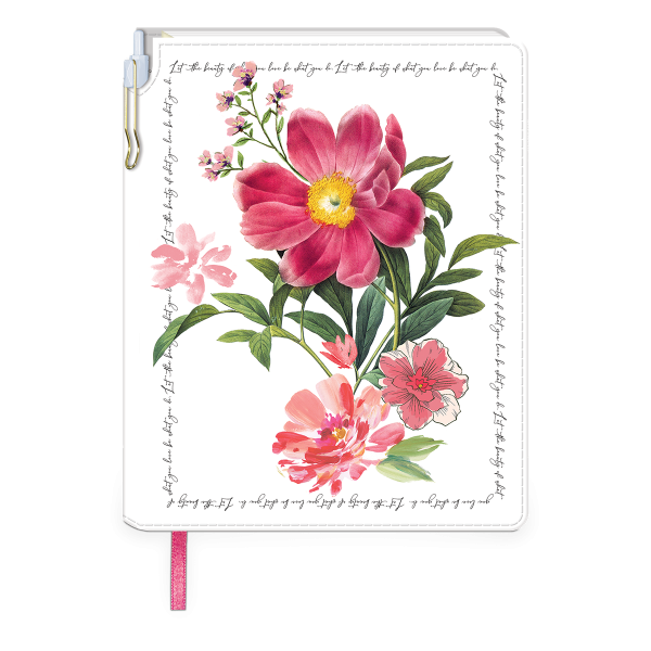 Decorative journal with notable florals peony design and pen.
