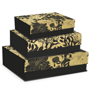 Rectangle flap box set with golden botanicals black dahlias theme.