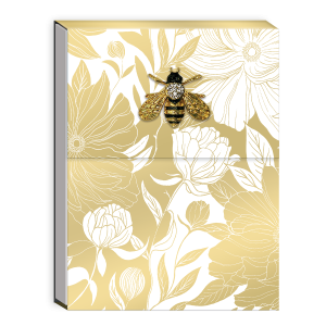 Pocket notepad featuring golden botanicals white dahlias brooch.