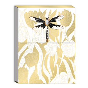 Pocket notepad featuring golden botanicals white tulips brooch.