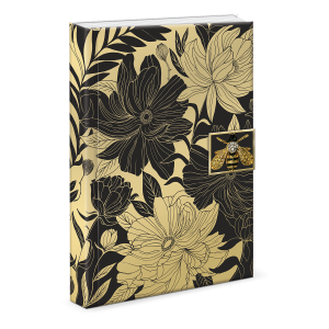 Decorative journal with golden botanicals black dahlias brooch.
