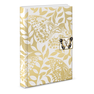 Decorative journal with golden botanicals white butterflies brooch.