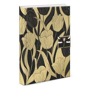 Decorative journal with golden botanicals black tulips brooch.