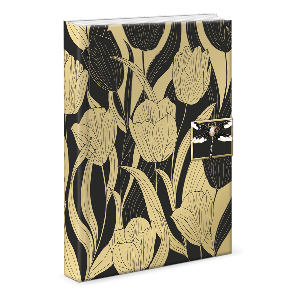 Decorative journal with golden botanicals black tulips brooch.