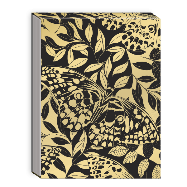 Pocket notepad featuring golden botanicals black butterflies design.