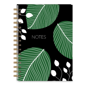 Decorative spiral journal with green garden leaves design.