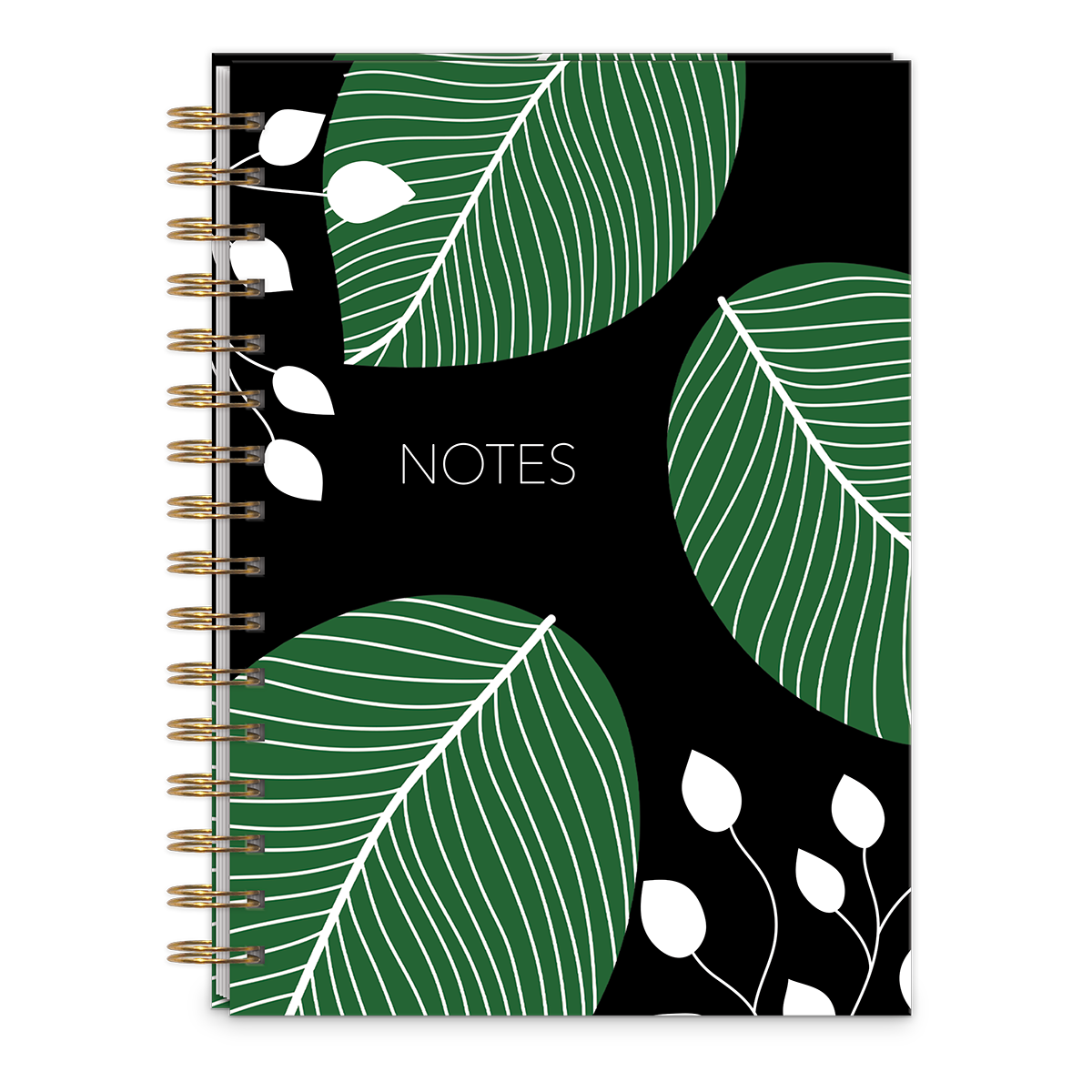 Decorative spiral journal with green garden leaves design.
