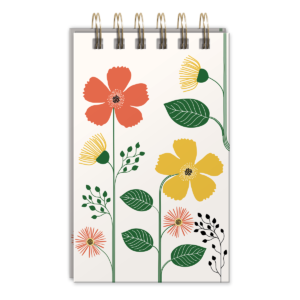 Spiral notepad featuring green garden flower multi design and metallic pen.