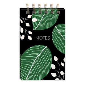 Spiral notepad featuring green garden leaves design and metallic pen.