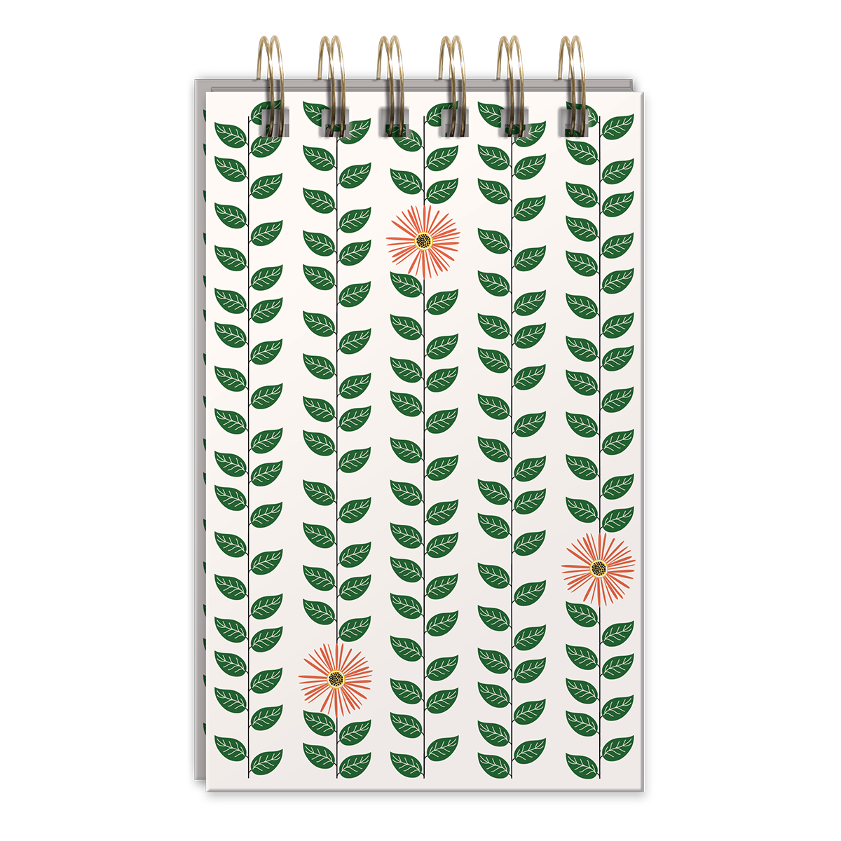 Spiral notepad featuring green garden vines design and metallic pen.