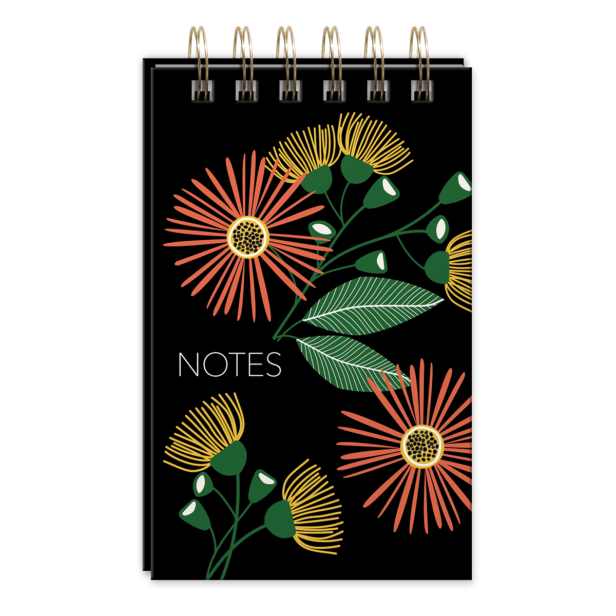Spiral notepad featuring green garden aster design and metallic pen.