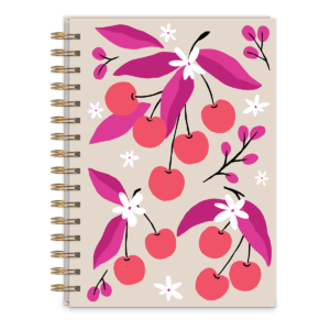 Decorative spiral journal with fruit market cherries design.