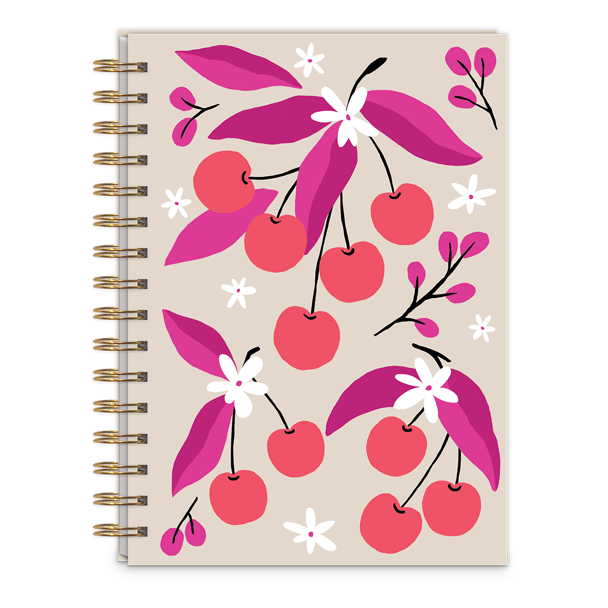 Decorative spiral journal with fruit market cherries design.