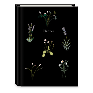 Undated planner with black floral design.