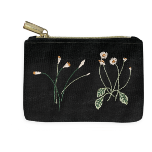 Decorative coin pouch with embroidered delicate floral design in black.