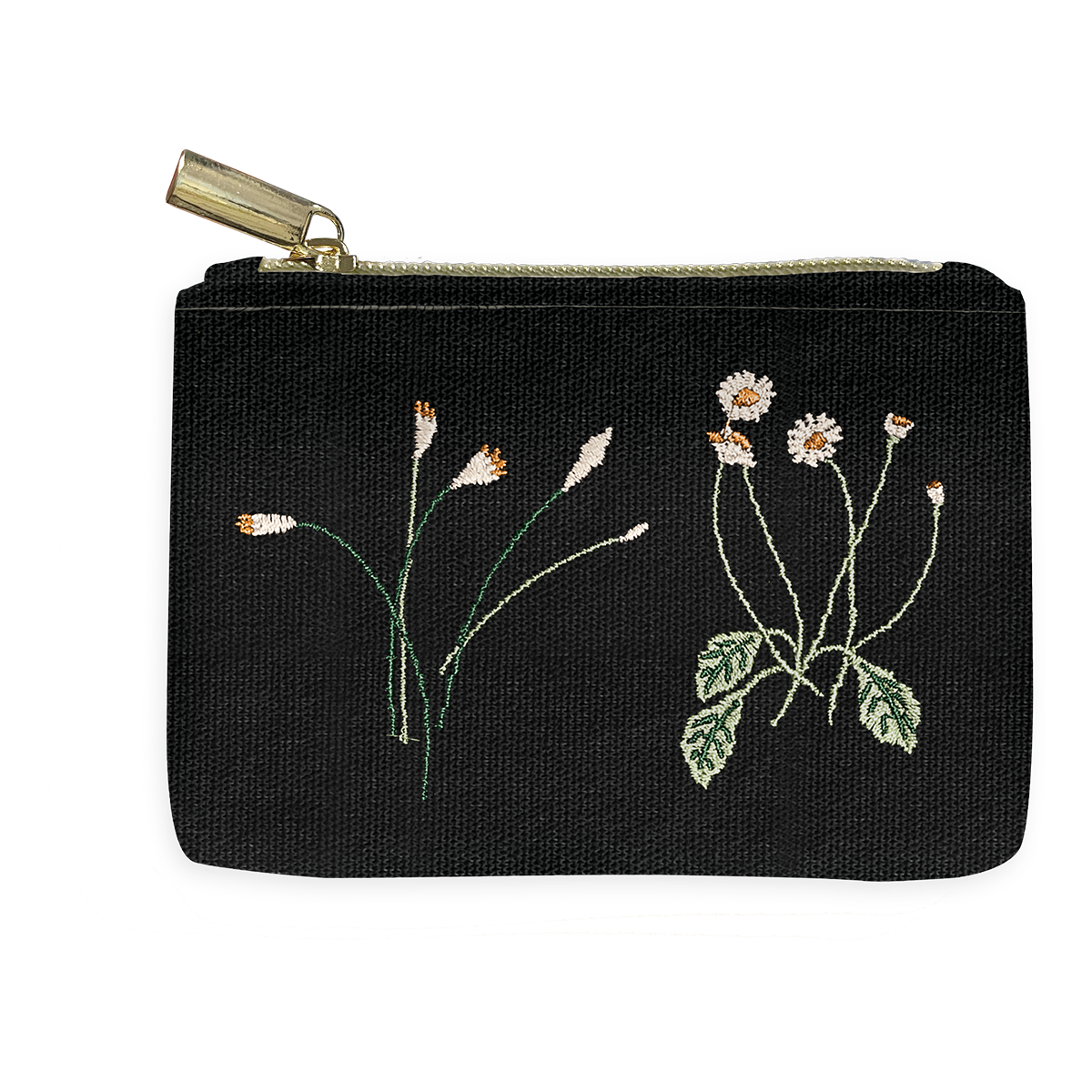 Decorative coin pouch with embroidered delicate floral design in black.