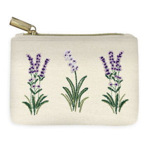 Decorative coin pouch with embroidered delicate floral design in cream.