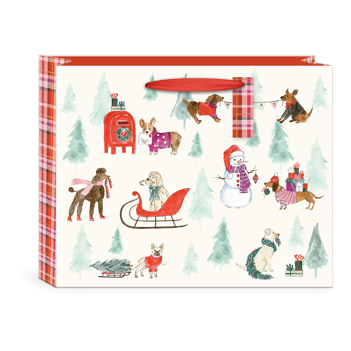 Snow Day Dogs Plaid themed Large Gift Bag.