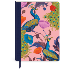 Decorative softcover journal with timeless treasures peacock theme and fabric spine.