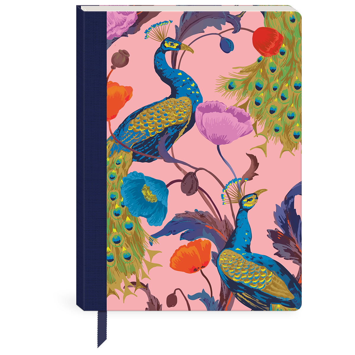 Decorative softcover journal with timeless treasures peacock theme and fabric spine.