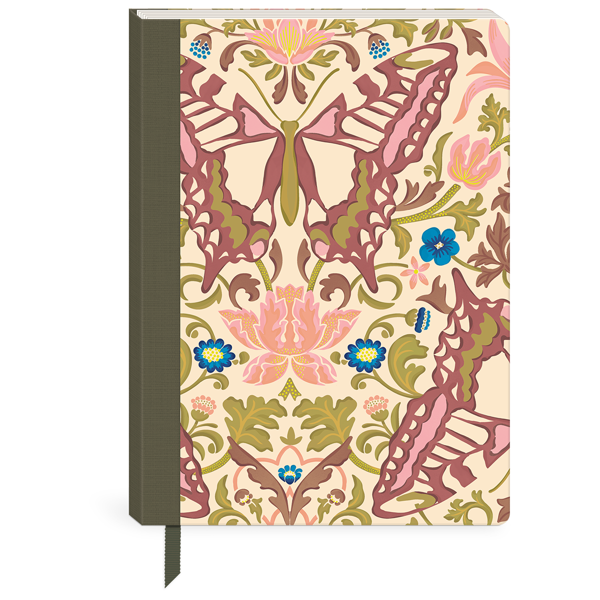 Decorative softcover journal with timeless treasures butterfly theme and fabric spine.