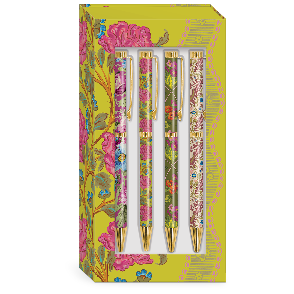 Timeless Treasures Green Floral Boxed Pens set of four.