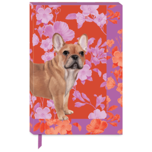 Decorative softcover journal with petals and paws french bulldog floral design.