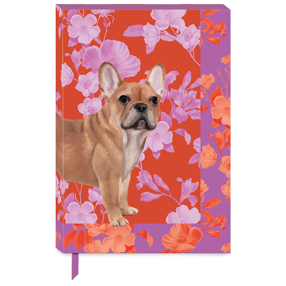 Decorative softcover journal with petals and paws french bulldog floral design.
