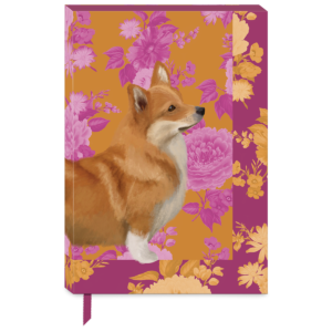 Decorative softcover journal with petals and paws corgi floral design.