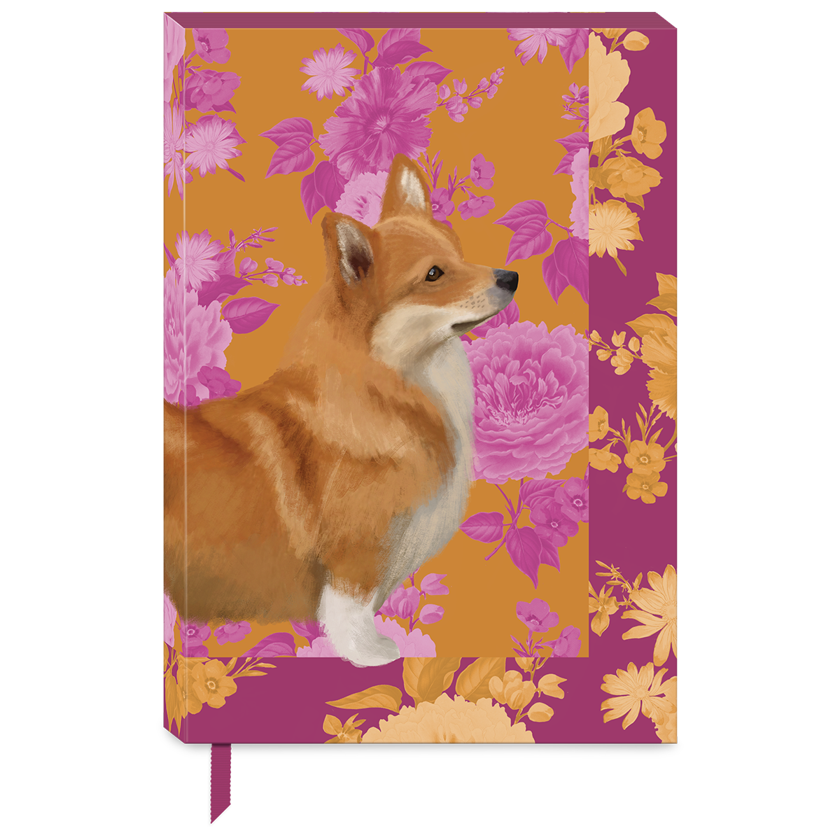 Decorative softcover journal with petals and paws corgi floral design.