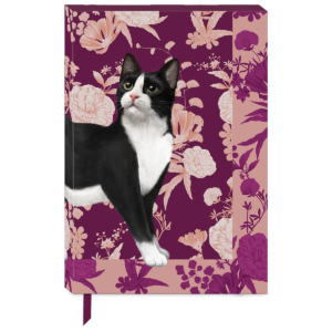 Decorative softcover journal with petals and paws tuxedo floral design.