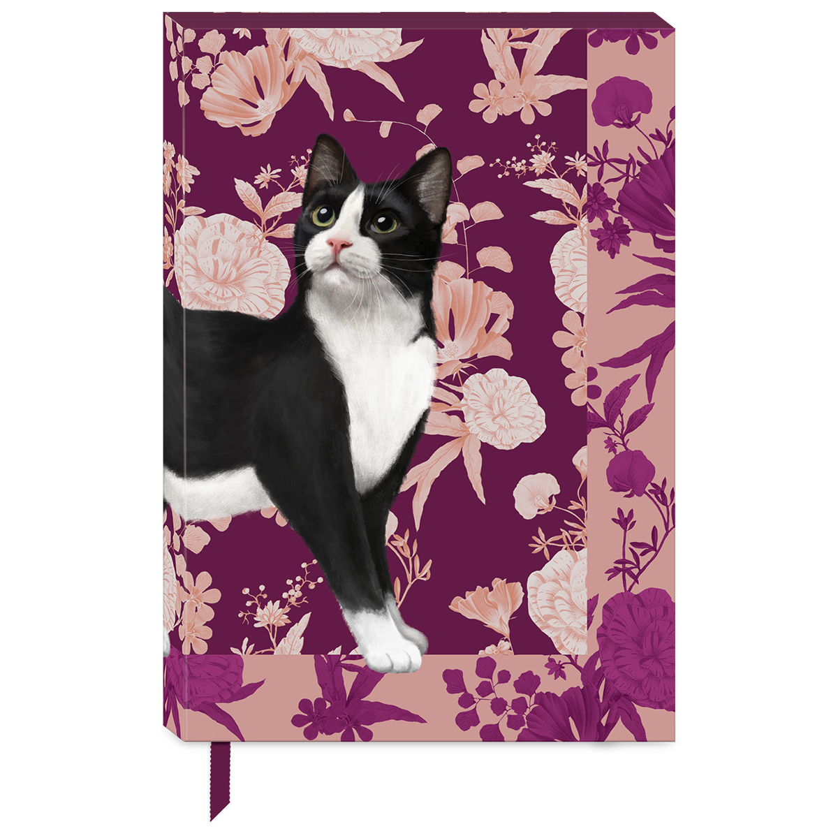 Decorative softcover journal with petals and paws tuxedo floral design.