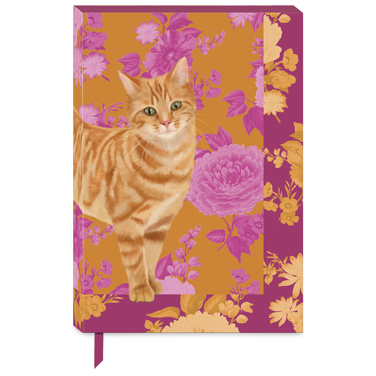 Decorative softcover journal with petals and paws tabby floral design.