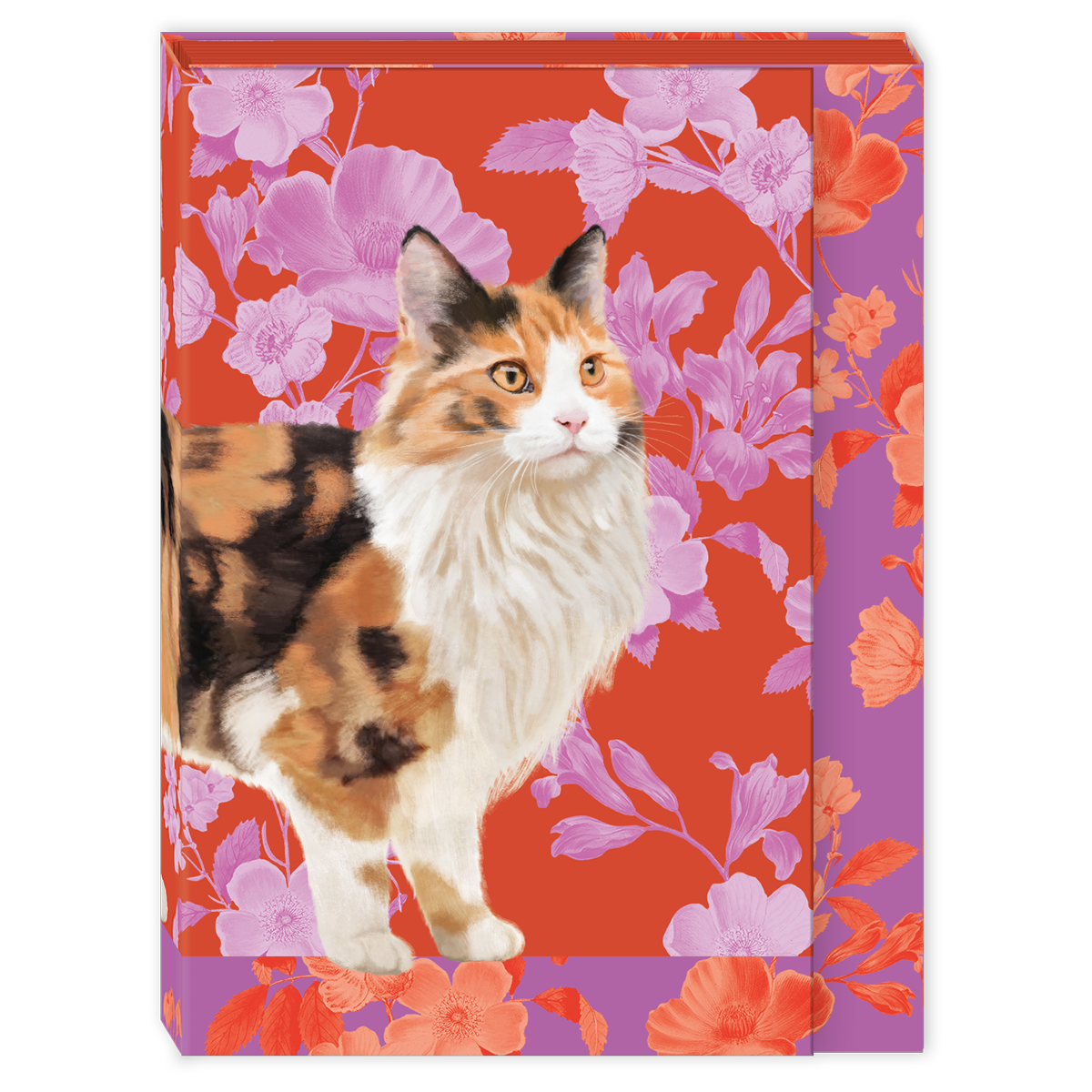 Pocket notepad featuring petals and paws calico floral design.